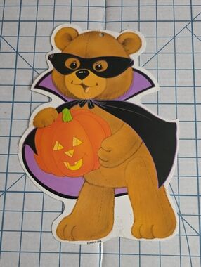 Halloween Bear Decor – Eureka Black Cape & Orange Pumpkin, Vintage Die-cut